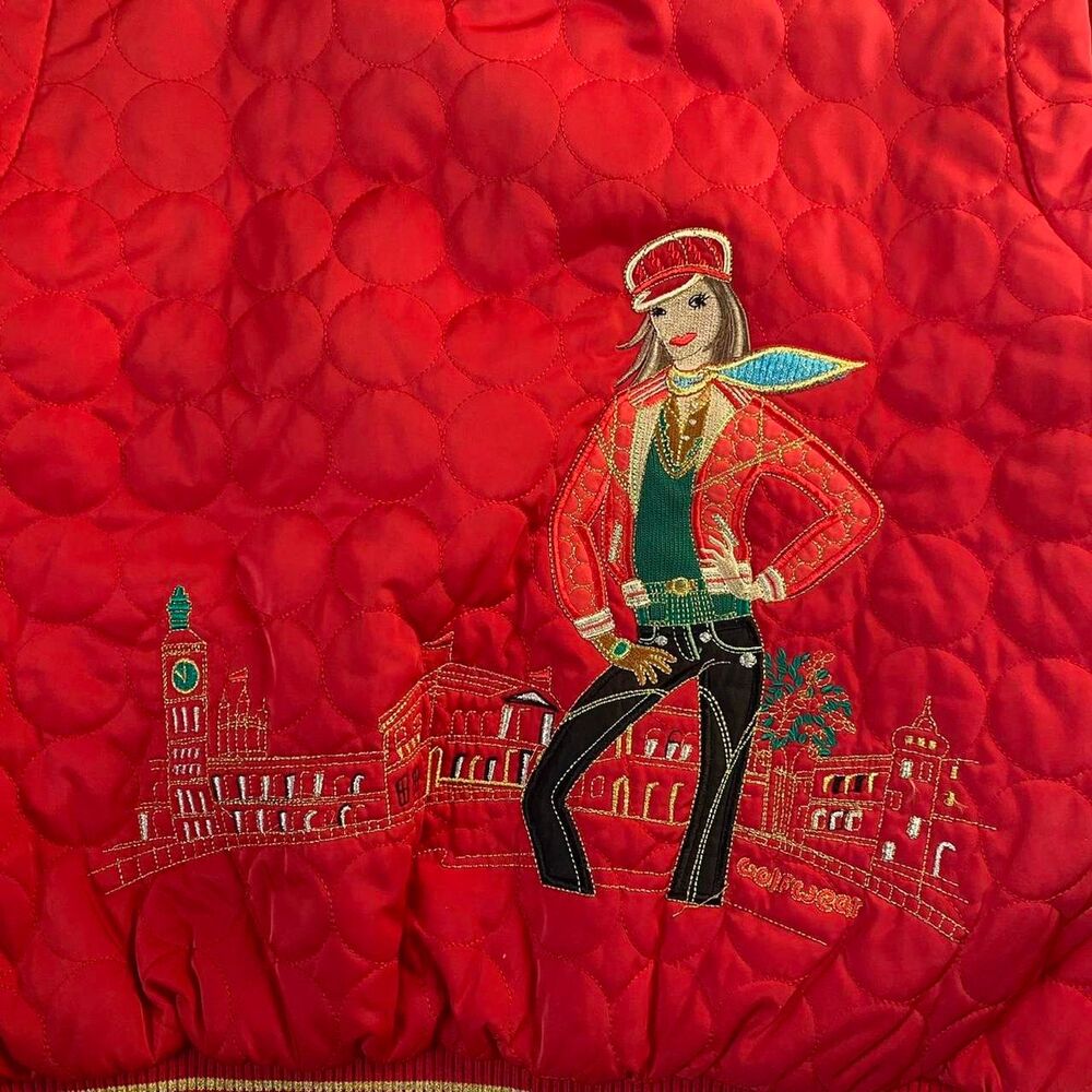Green Italy Women's Red quilted bomber jacket embroidered y2k vintage casual med - Picture 3 of 4